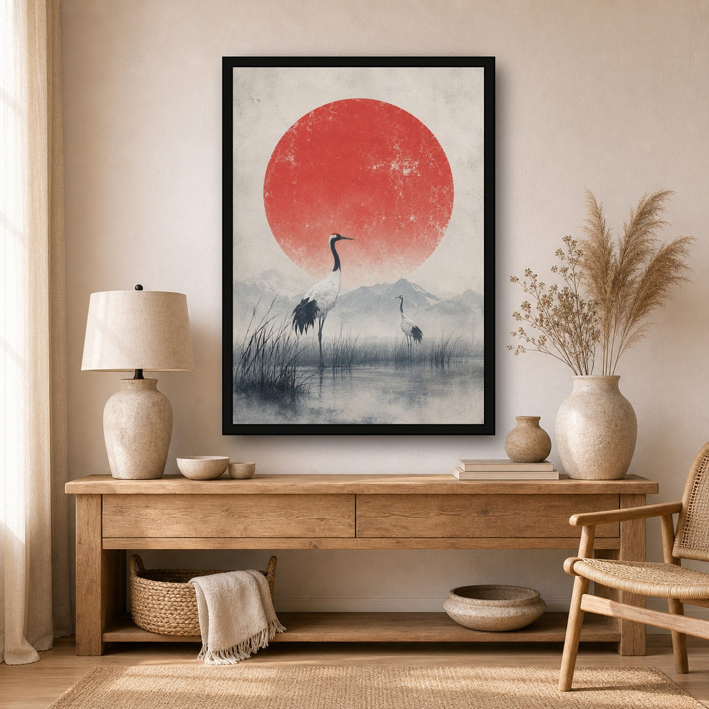 Crane Marsh Red Sun Poster, Japanese Nature Wall Art, Matte Print - A room mockup