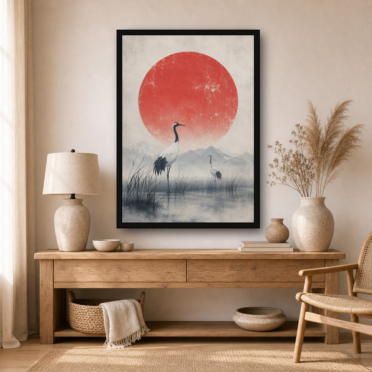 Crane Marsh Red Sun Poster, Japanese Nature Wall Art, Matte Print - A room mockup