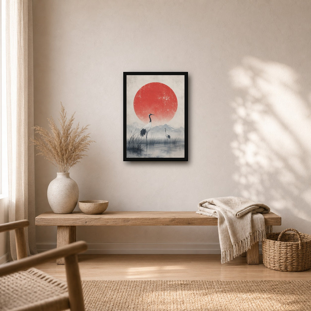 Crane Marsh Red Sun Poster, Japanese Nature Wall Art, Matte Print - A room mockup
