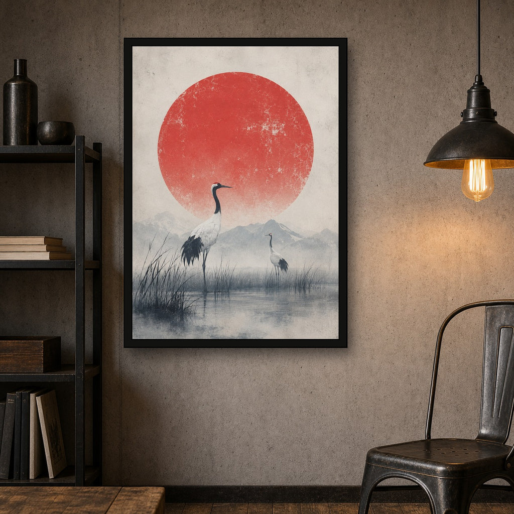 Crane Marsh Red Sun Poster, Japanese Nature Wall Art, Matte Print - A room mockup