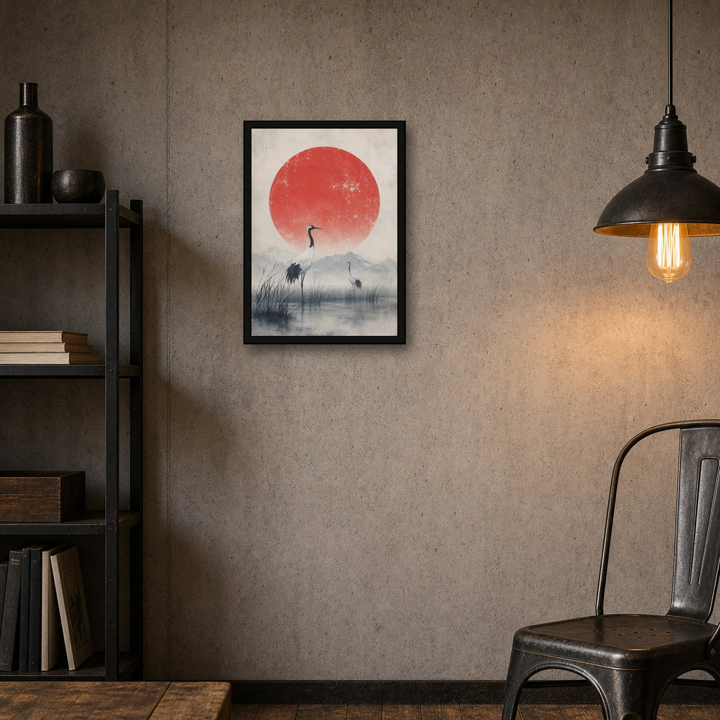 Crane Marsh Red Sun Poster, Japanese Nature Wall Art, Matte Print - A room mockup