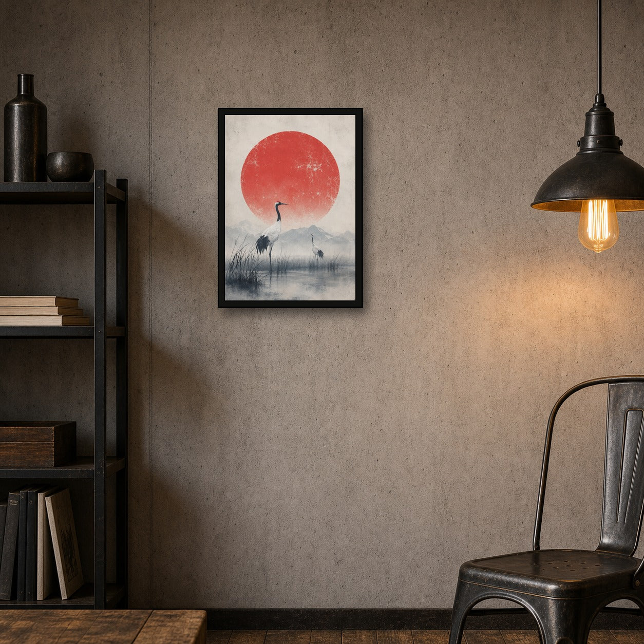 Crane Marsh Red Sun Poster, Japanese Nature Wall Art, Matte Print - A room mockup