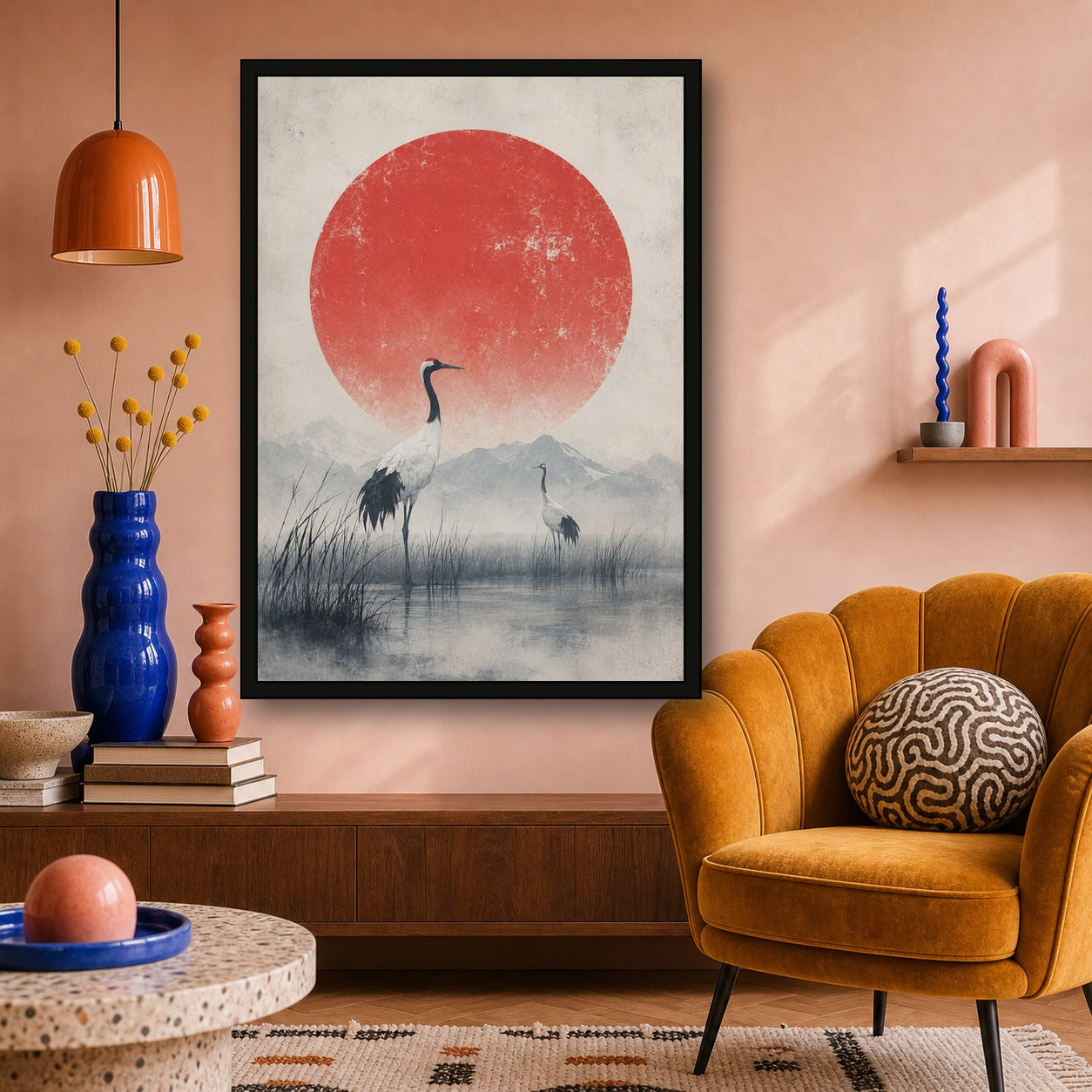 Crane Marsh Red Sun Poster, Japanese Nature Wall Art, Matte Print - A room mockup