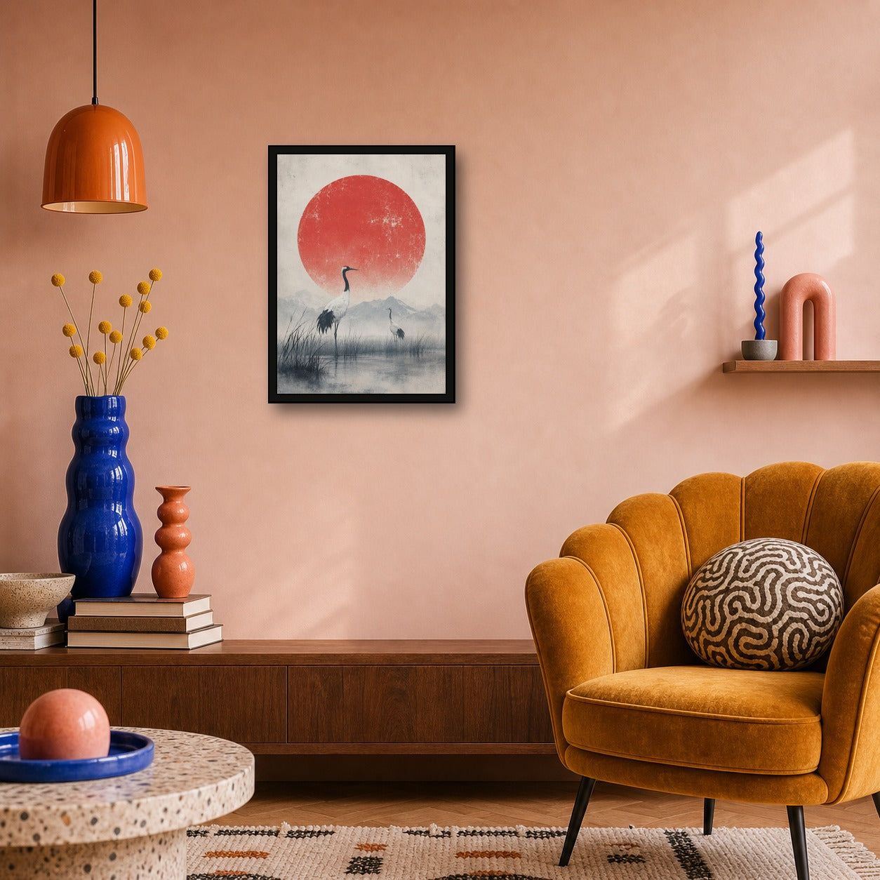 Crane Marsh Red Sun Poster, Japanese Nature Wall Art, Matte Print - A room mockup