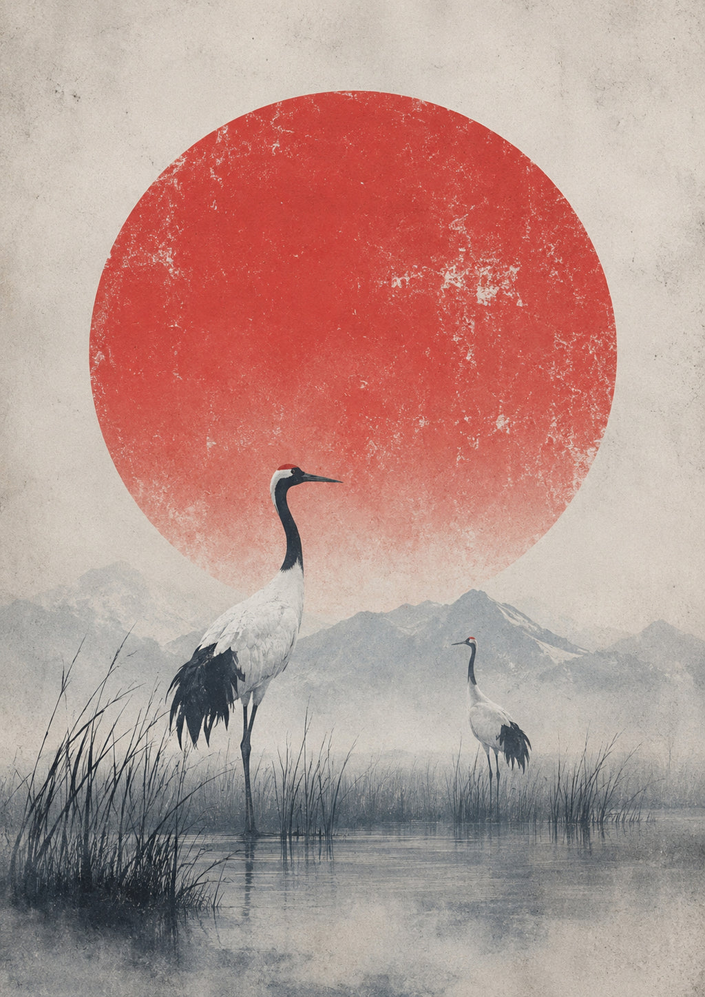 Crane Marsh Red Sun Poster, Japanese Nature Wall Art, Matte Print