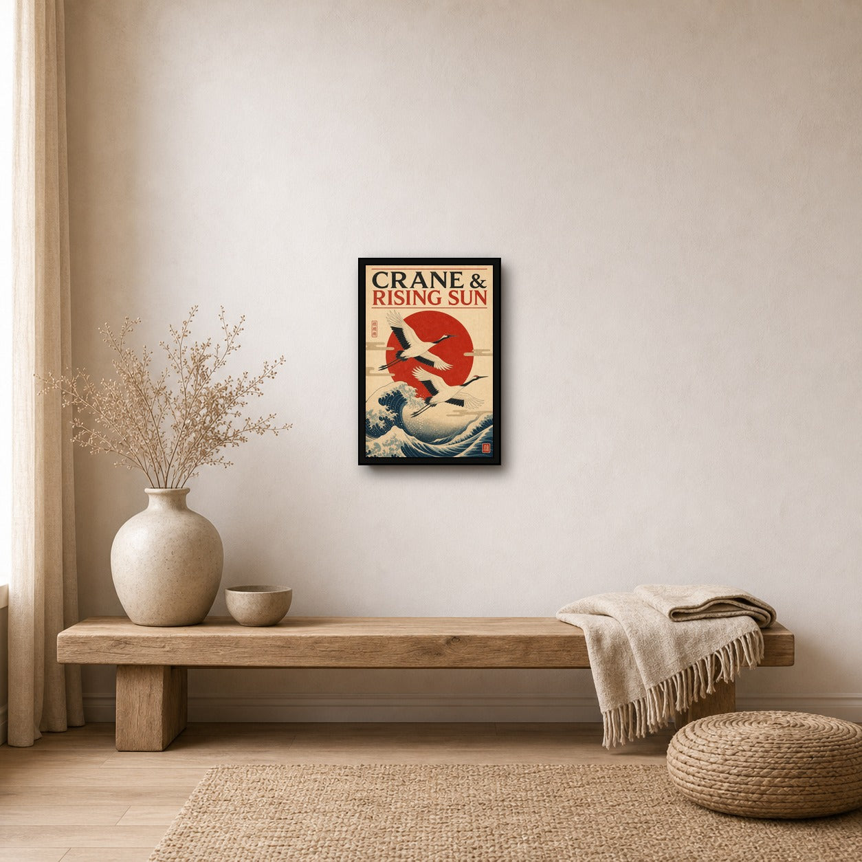 Crane Rising Sun Japanese Poster - 2x3 room mockup