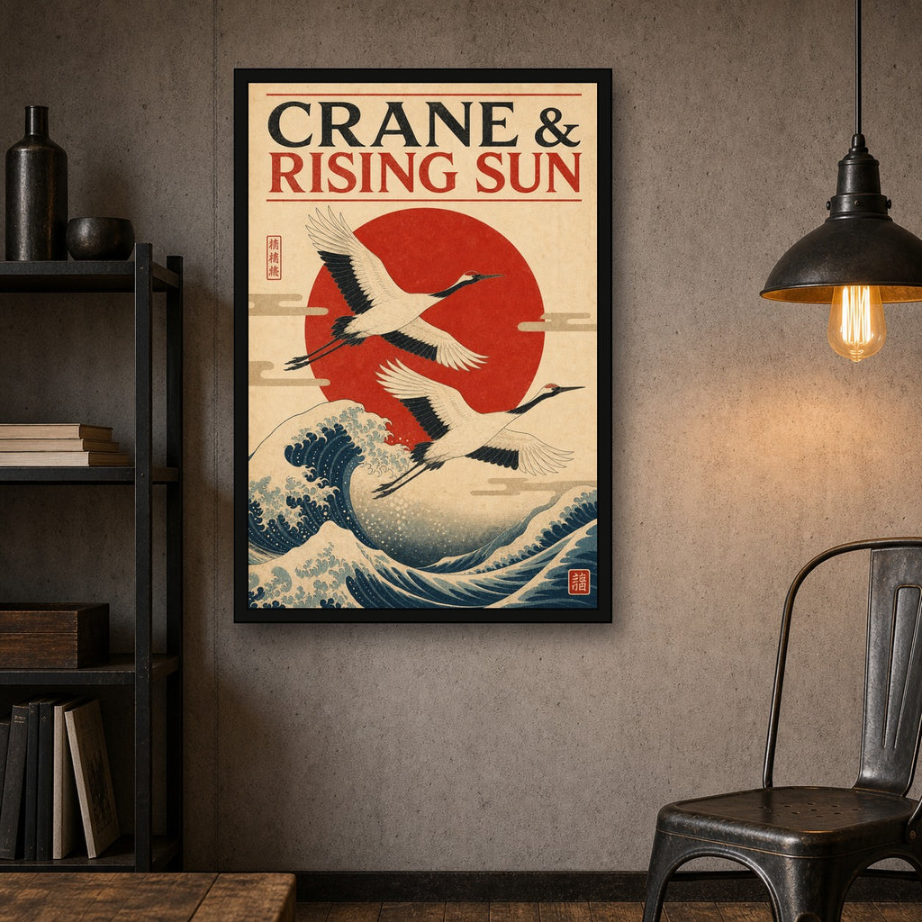 Crane Rising Sun Japanese Poster - 2x3 room mockup