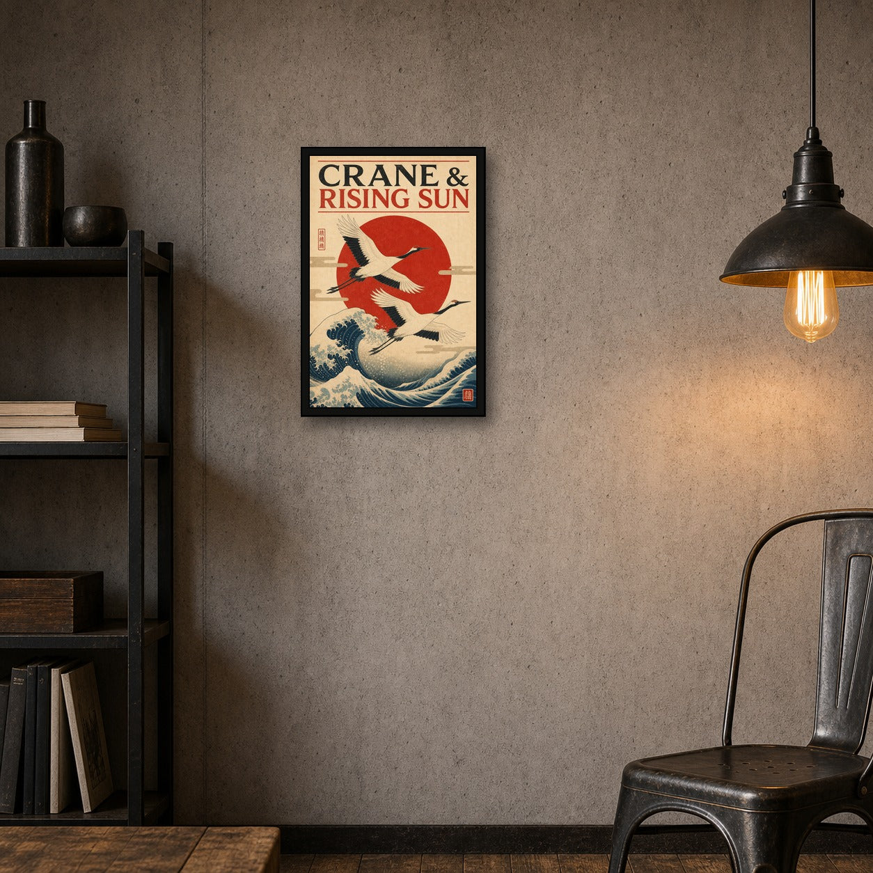 Crane Rising Sun Japanese Poster - 2x3 room mockup