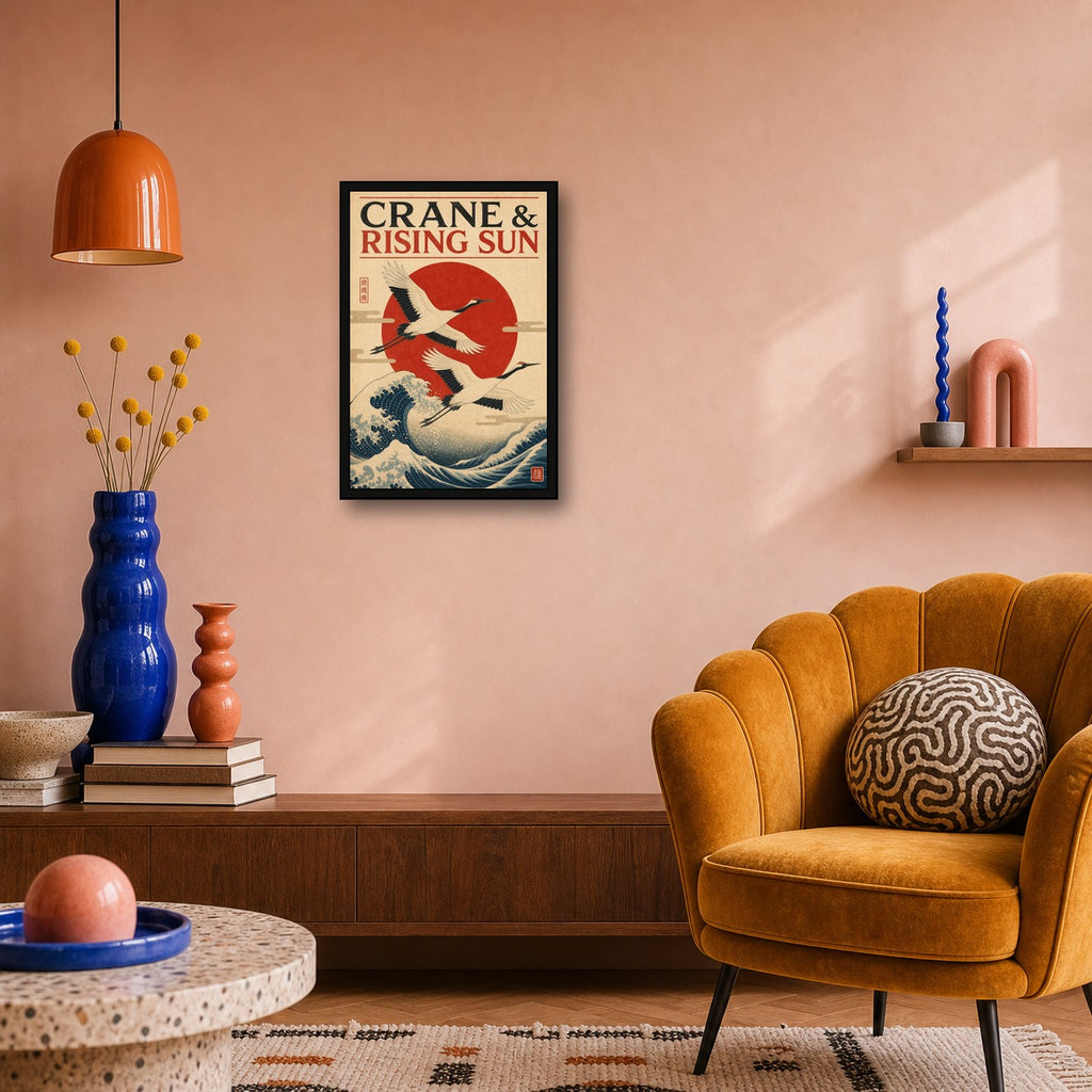 Crane Rising Sun Japanese Poster - 2x3 room mockup
