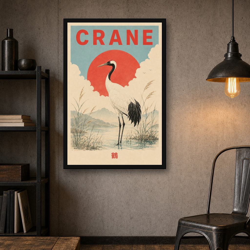 Crane Sun Japanese Travel Poster - 2x3 room mockup