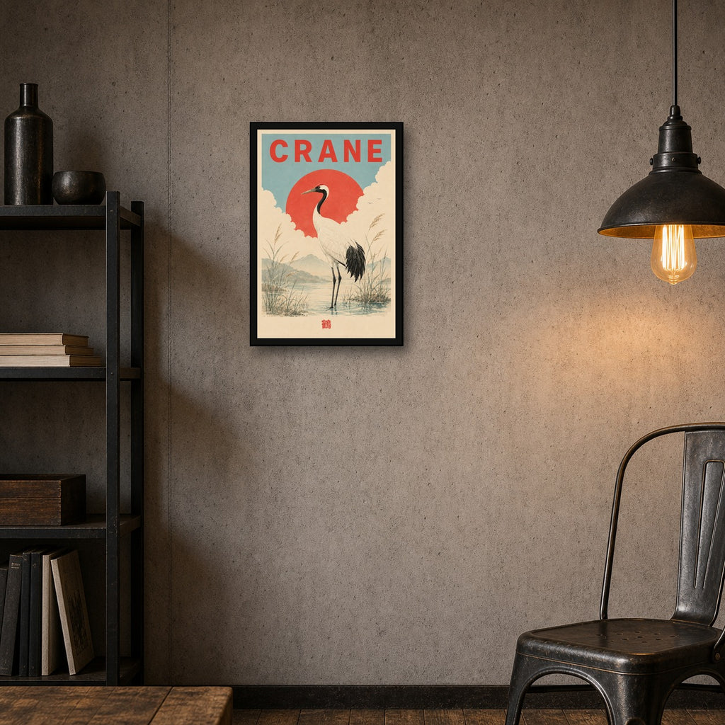 Crane Sun Japanese Travel Poster - 2x3 room mockup