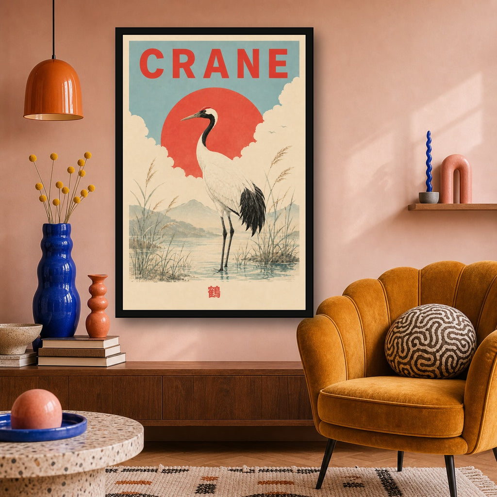Crane Sun Japanese Travel Poster - 2x3 room mockup