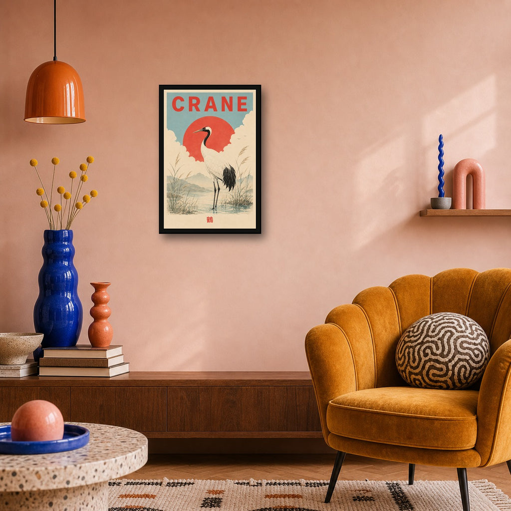 Crane Sun Japanese Travel Poster - 2x3 room mockup