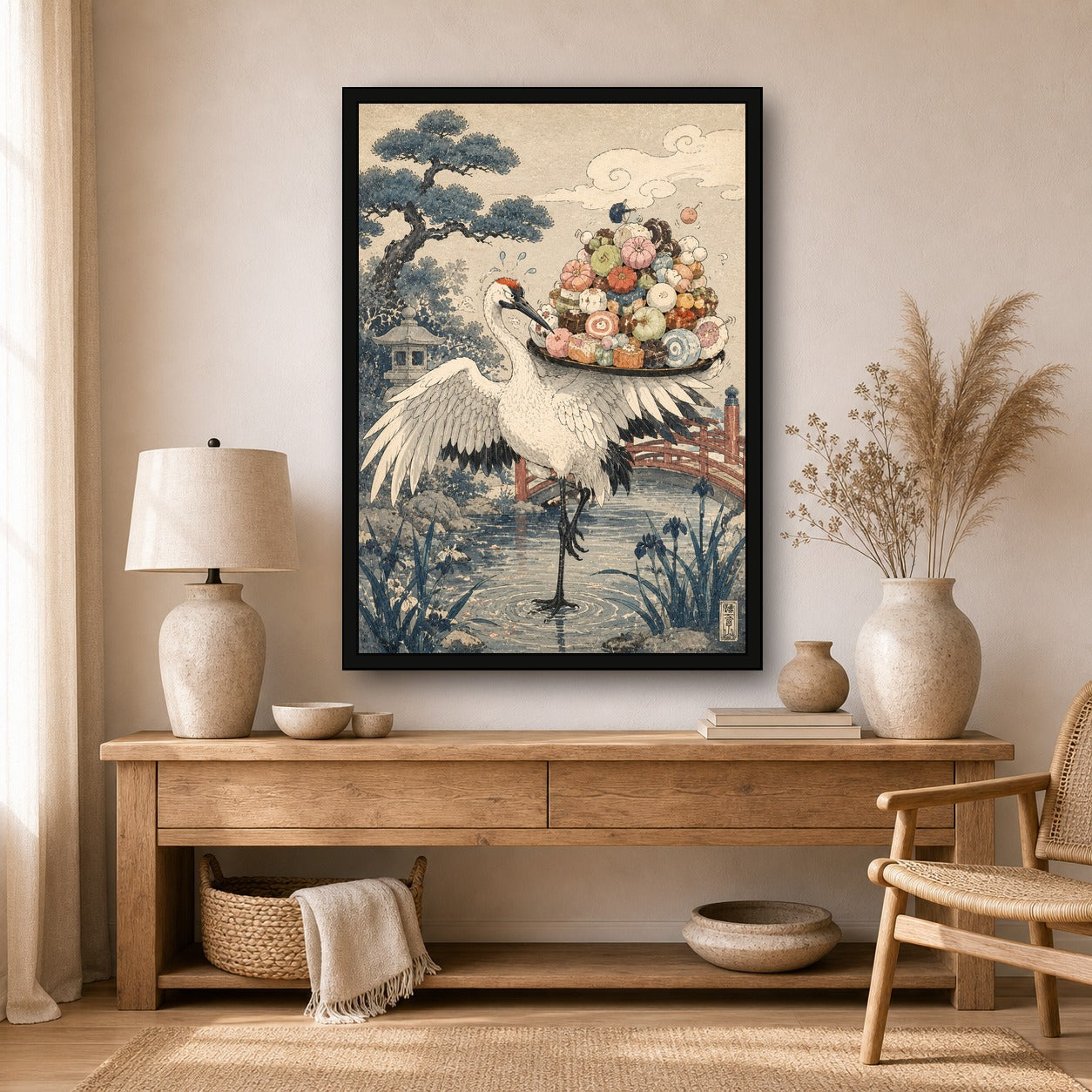 Crane Sushi Balancer Japanese Poster - A room mockup