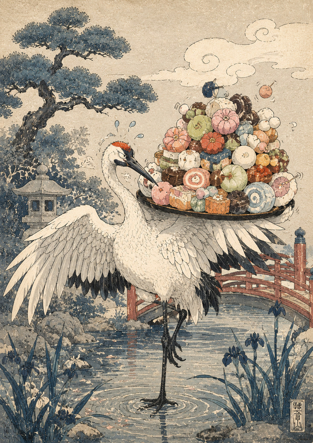 Crane Sushi Balancer Japanese Poster