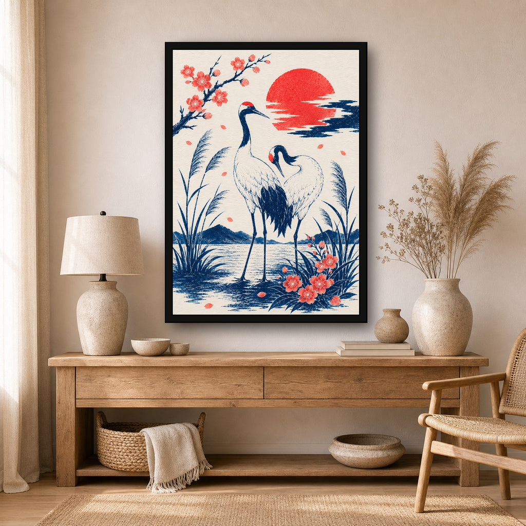 Cranes At Sunset Japanese Poster - A room mockup