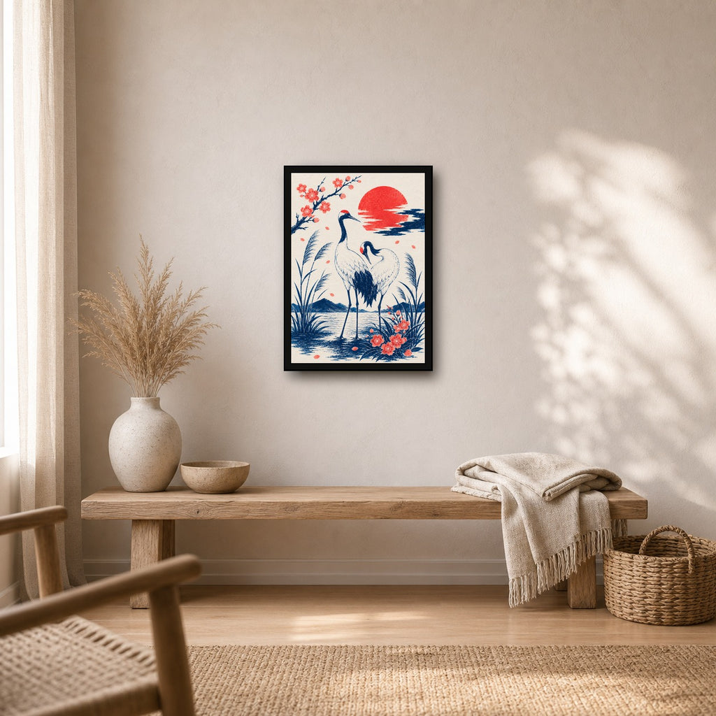 Cranes At Sunset Japanese Poster - A room mockup