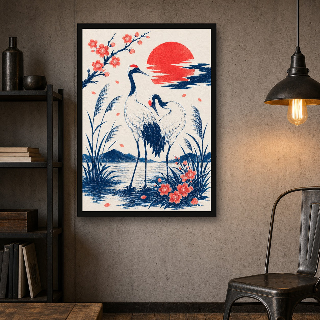 Cranes At Sunset Japanese Poster - A room mockup