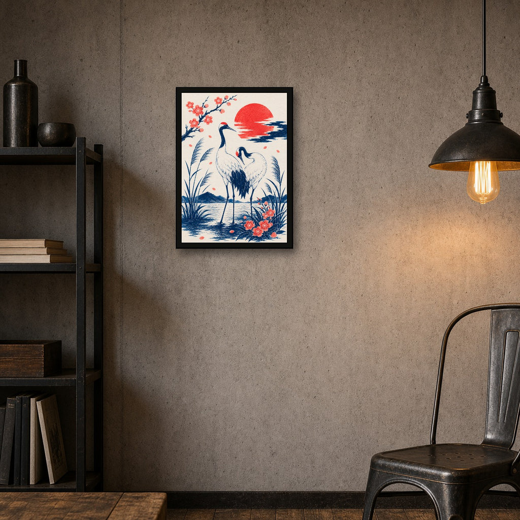 Cranes At Sunset Japanese Poster - A room mockup