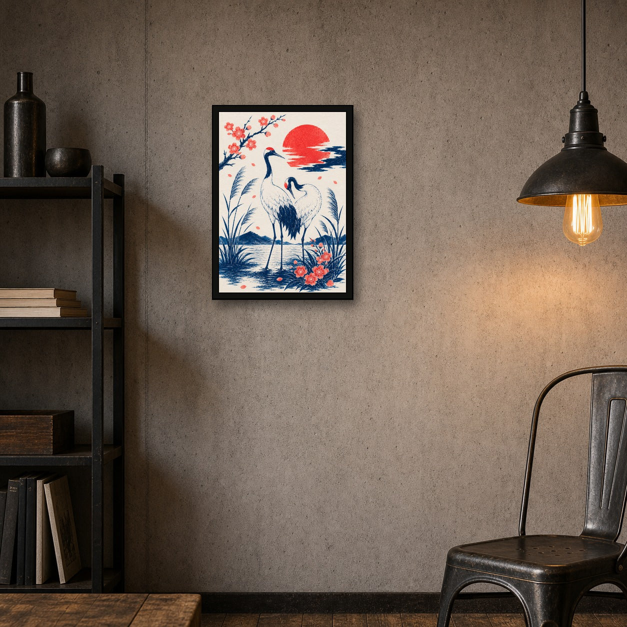 Cranes At Sunset Japanese Poster - A room mockup