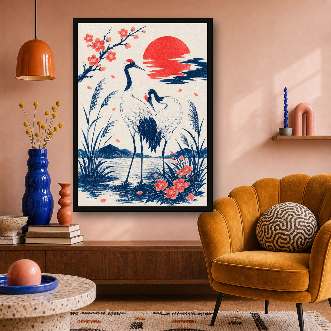 Cranes At Sunset Japanese Poster - A room mockup