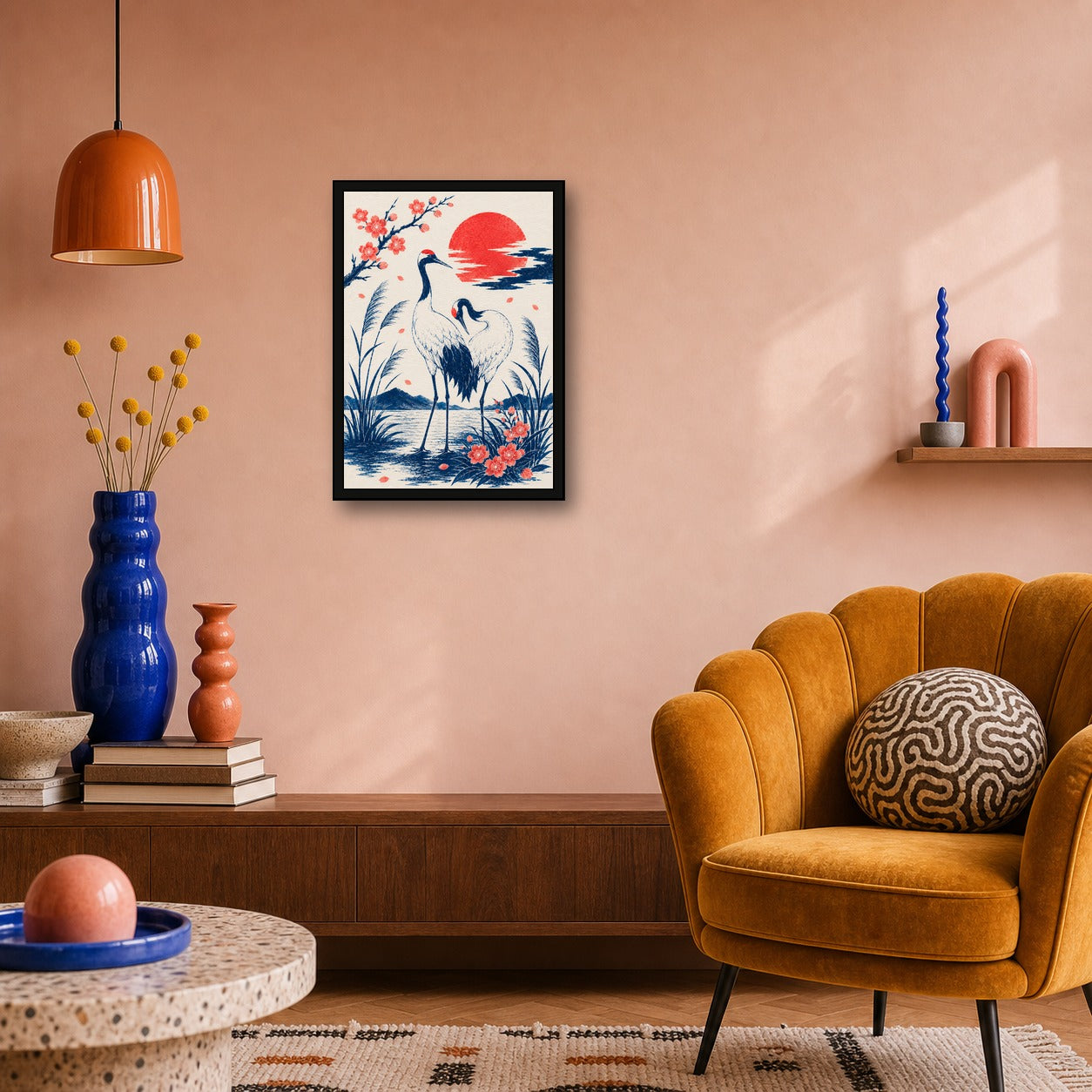 Cranes At Sunset Japanese Poster - A room mockup