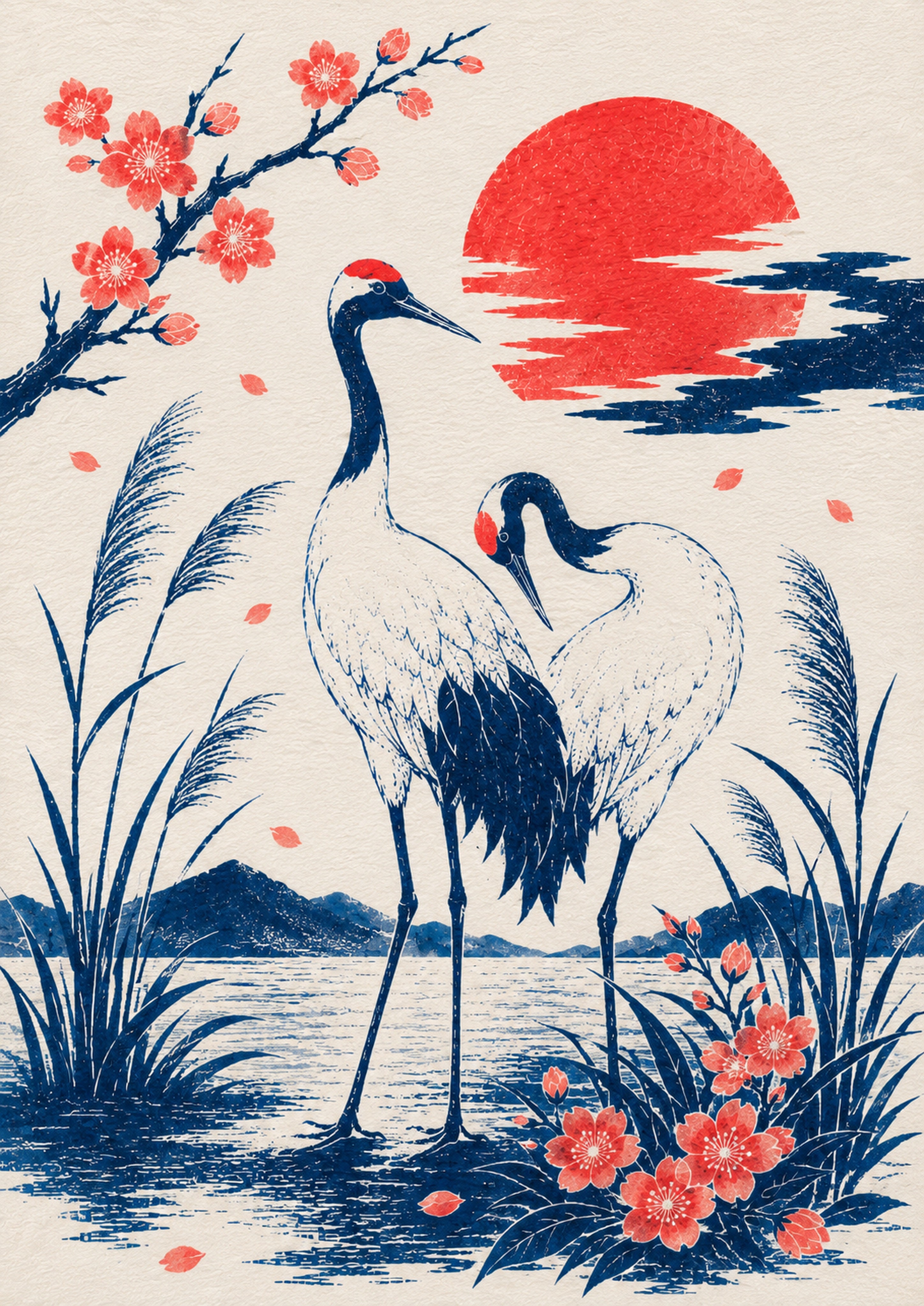 Cranes At Sunset Japanese Poster