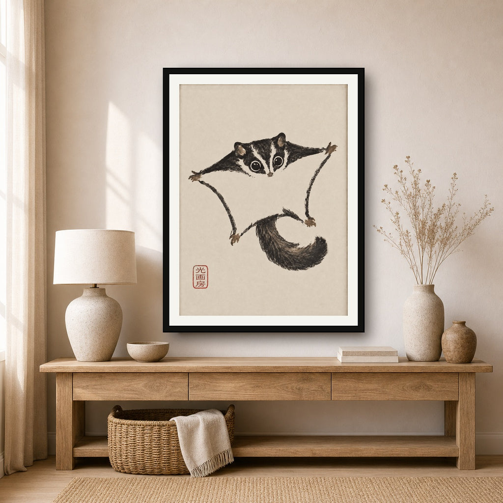 Cute Sugar Glider Ink Wash Art Print - Charming Japanese Sumi-e Animal Wall Decor - 3x4 room mockup