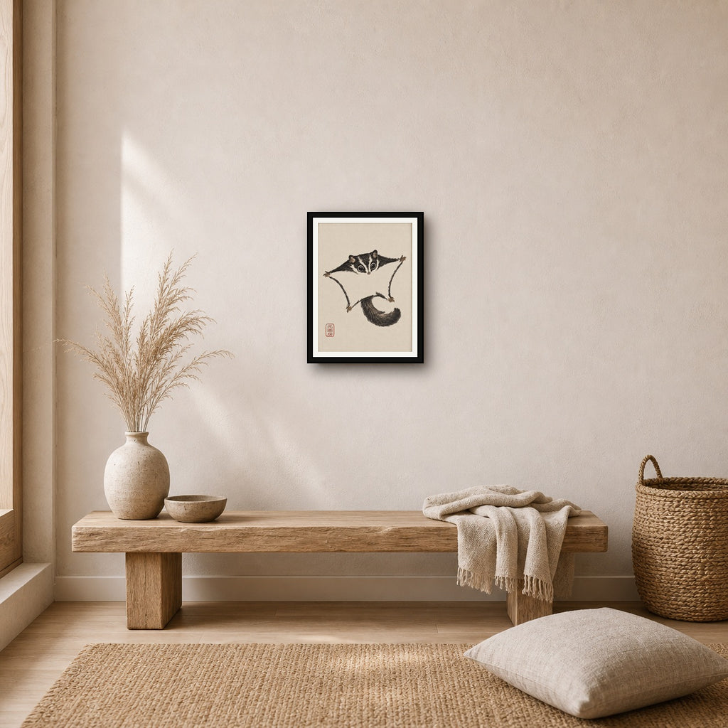 Cute Sugar Glider Ink Wash Art Print - Charming Japanese Sumi-e Animal Wall Decor - 3x4 room mockup