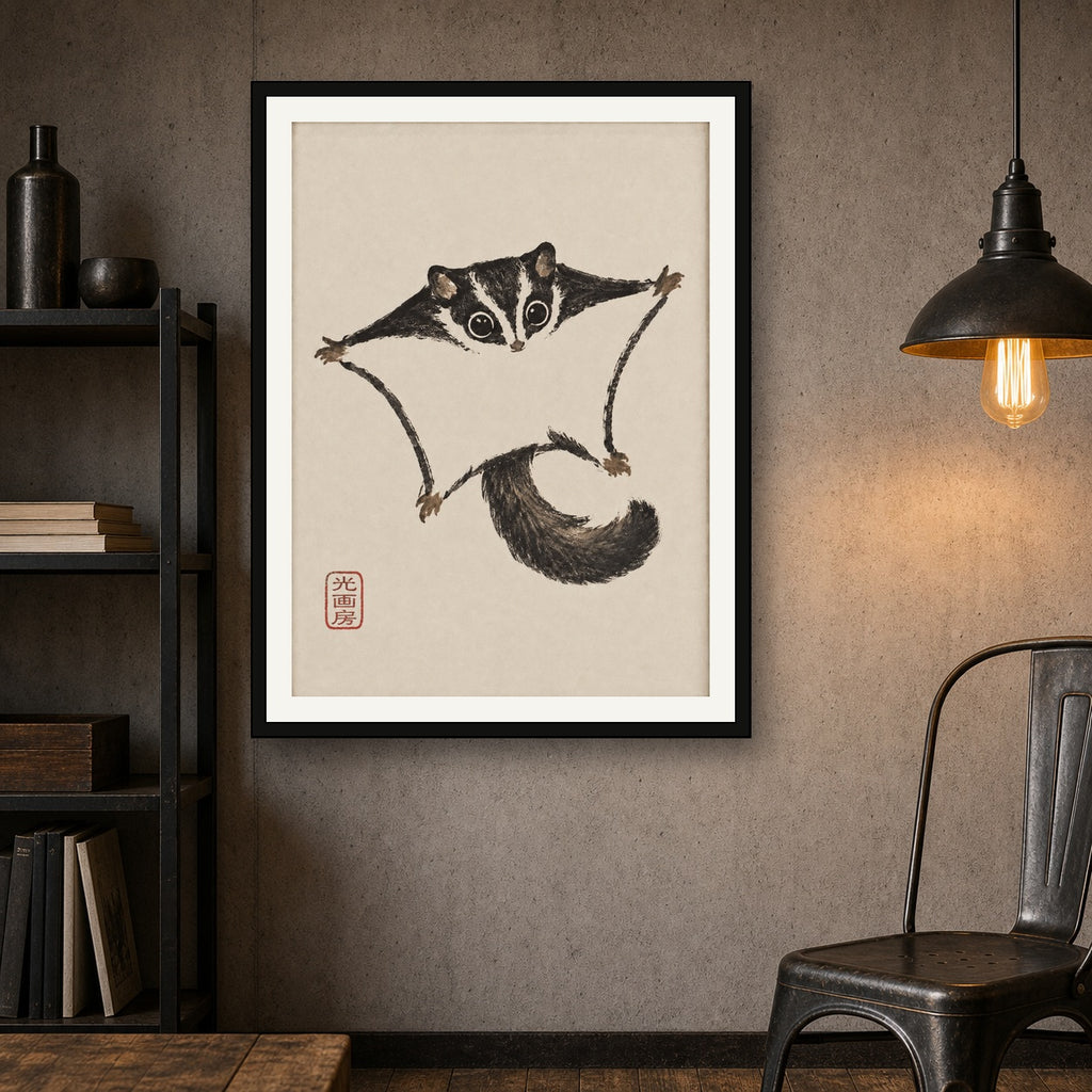 Cute Sugar Glider Ink Wash Art Print - Charming Japanese Sumi-e Animal Wall Decor - 3x4 room mockup