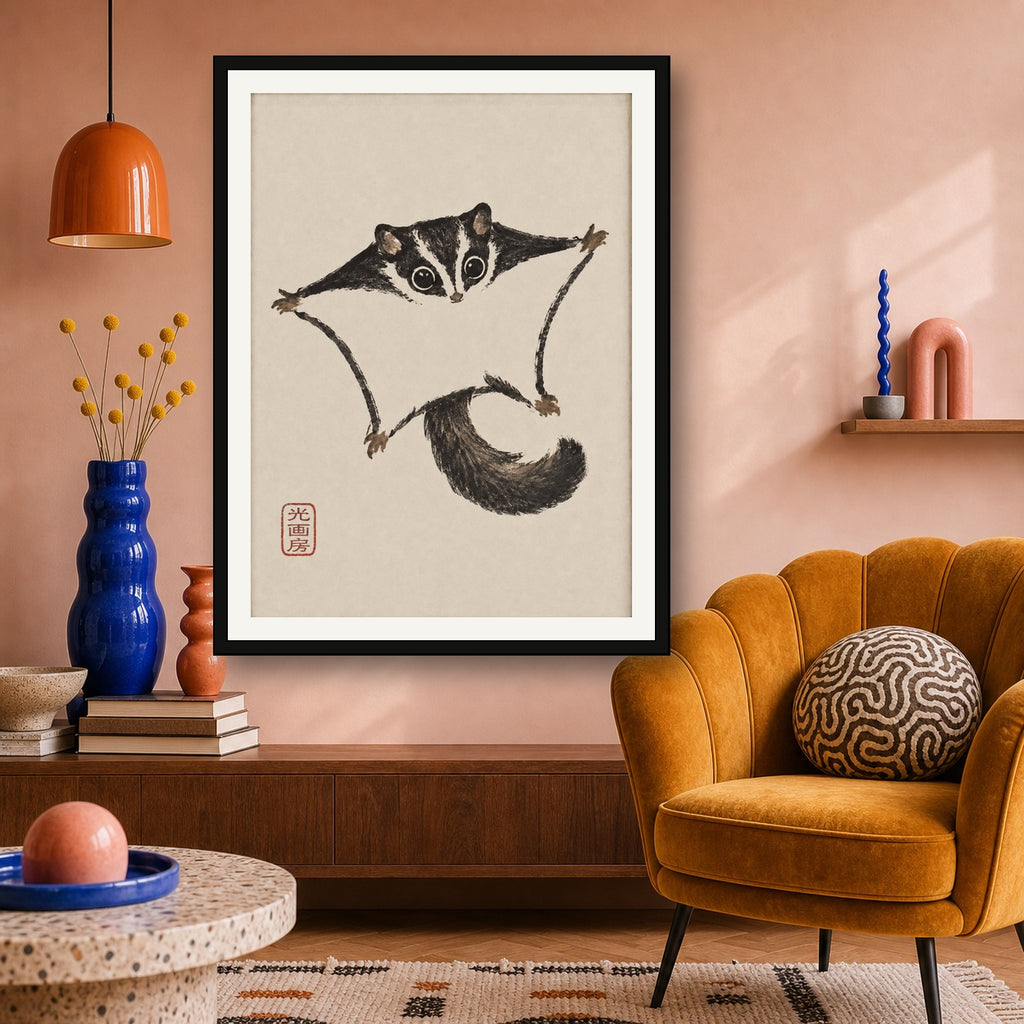 Cute Sugar Glider Ink Wash Art Print - Charming Japanese Sumi-e Animal Wall Decor - 3x4 room mockup