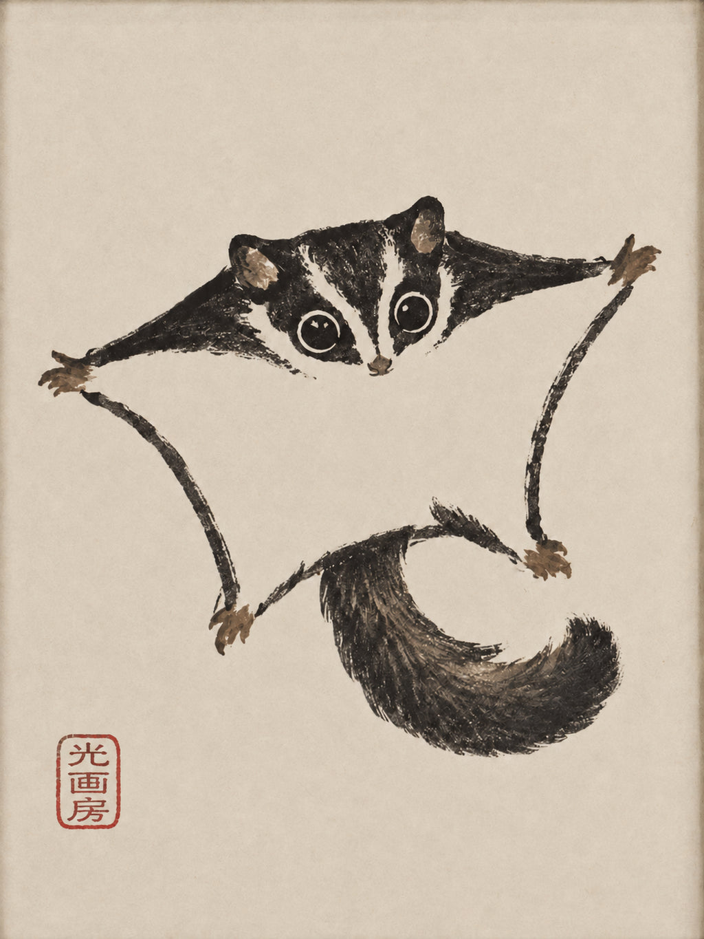 Cute Sugar Glider Ink Wash Art Print - Charming Japanese Sumi-e Animal Wall Decor - full 3x4 artwork