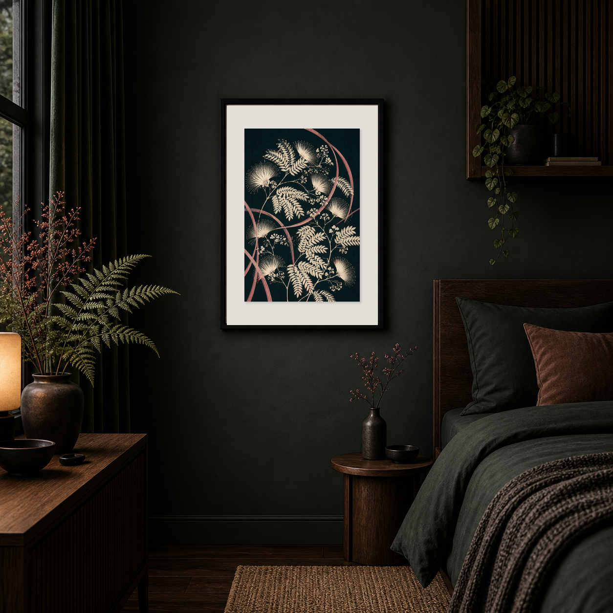 Abstract Floral Art Print, Modern Botanical Wall Art, Serene Japanese Inspired Poster in Your Choice of Sizes in an artwork-specific room mockup
