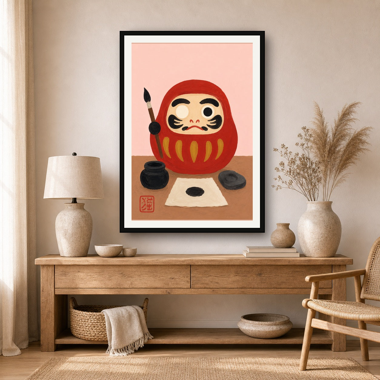 Daruma Doll Painting Poster, Japanese Culture Art Print, Aesthetic Zen Decor - A room mockup