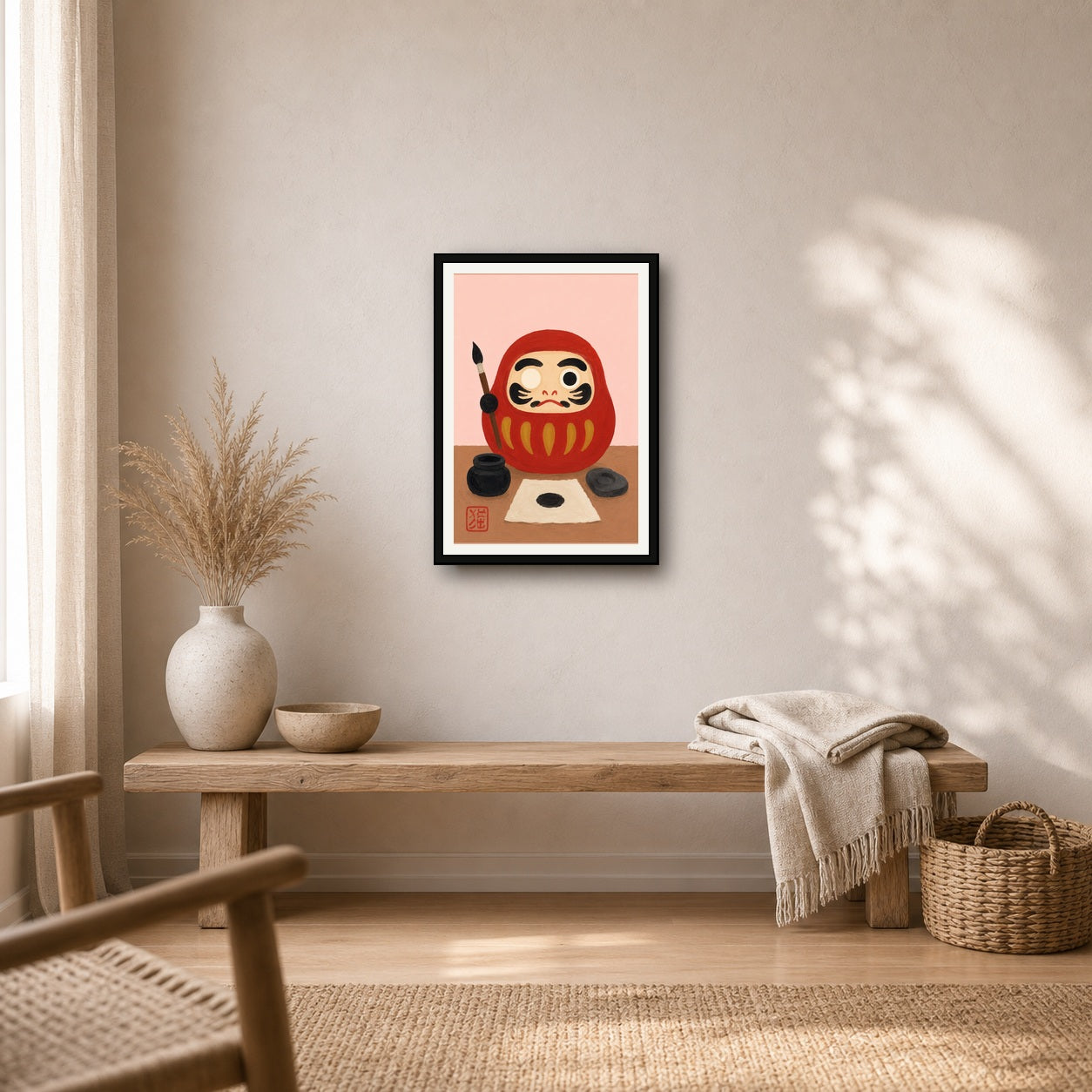 Daruma Doll Painting Poster, Japanese Culture Art Print, Aesthetic Zen Decor - A room mockup
