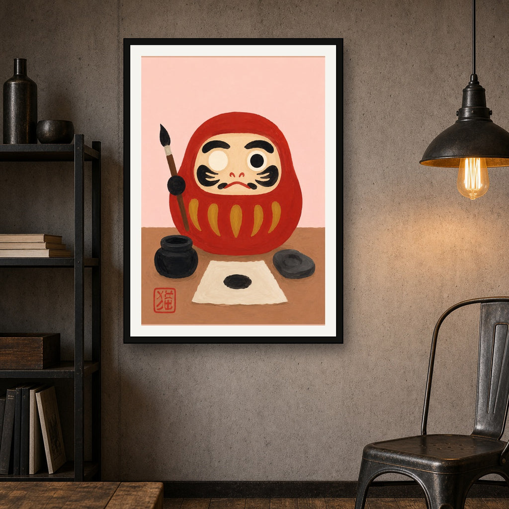 Daruma Doll Painting Poster, Japanese Culture Art Print, Aesthetic Zen Decor - A room mockup