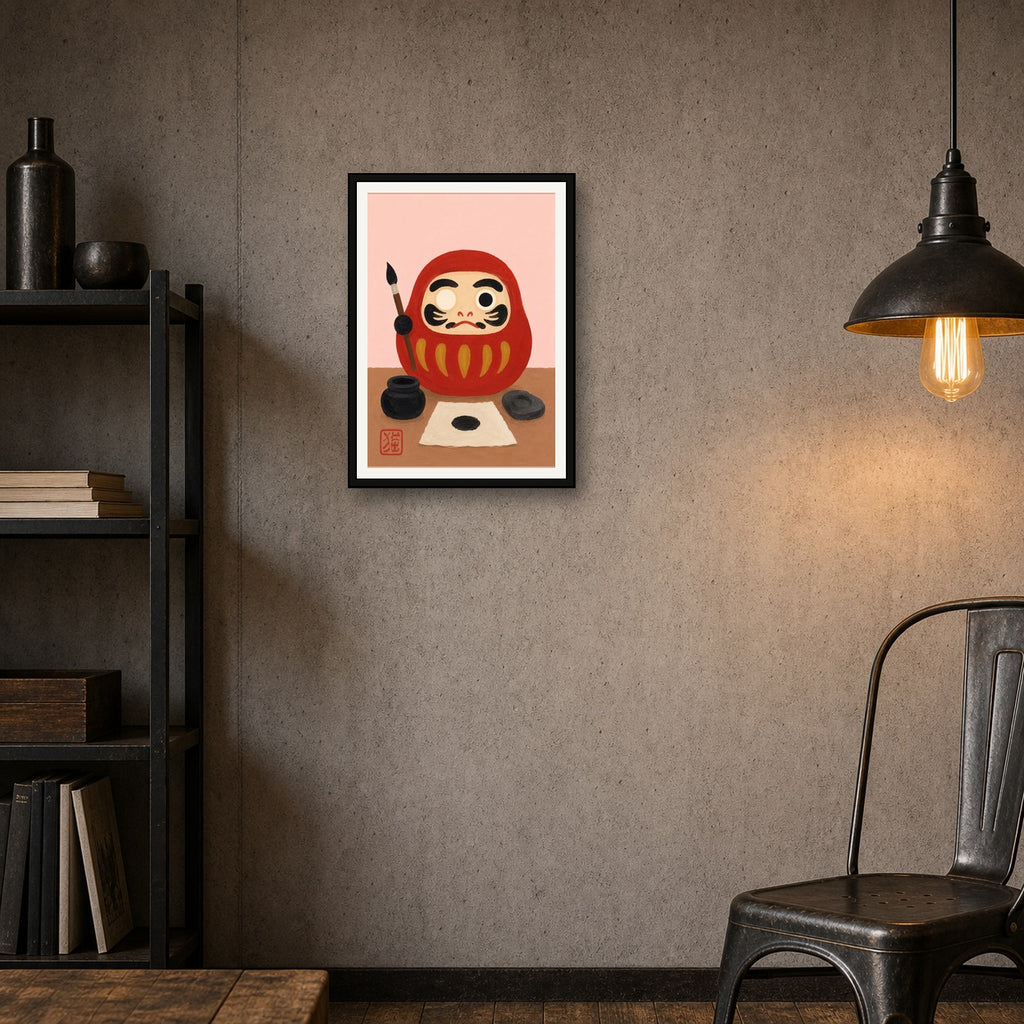 Daruma Doll Painting Poster, Japanese Culture Art Print, Aesthetic Zen Decor - A room mockup