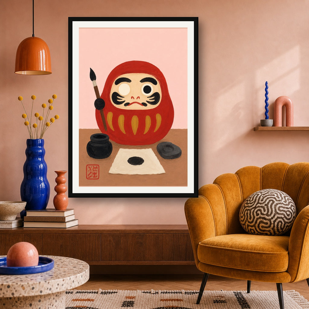 Daruma Doll Painting Poster, Japanese Culture Art Print, Aesthetic Zen Decor - A room mockup