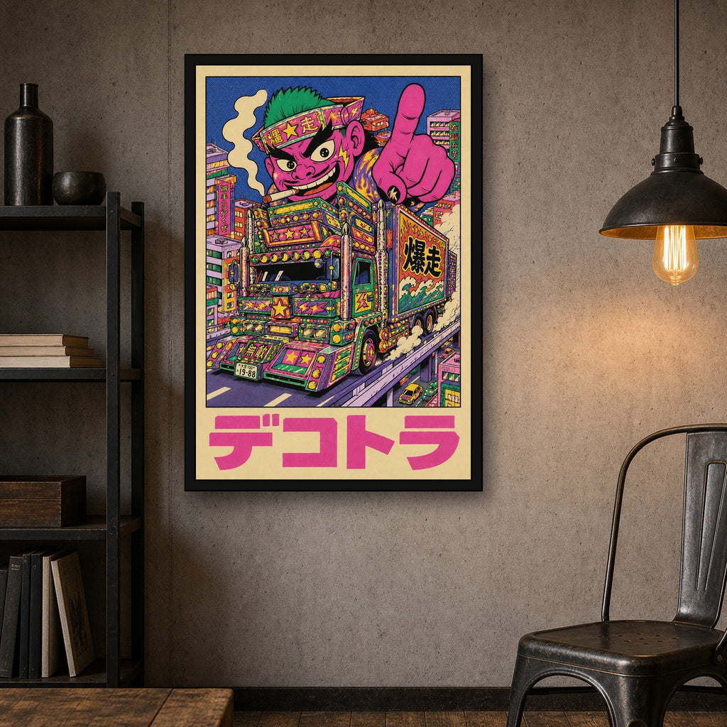 DecoTruck Art Print, Vibrant Japanese Dekotora Poster, Maximalist Cyberpunk Wall Art in Your Choice of Six Sizes - 2x3 room mockup