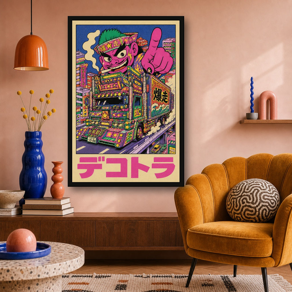 DecoTruck Art Print, Vibrant Japanese Dekotora Poster, Maximalist Cyberpunk Wall Art in Your Choice of Six Sizes - 2x3 room mockup