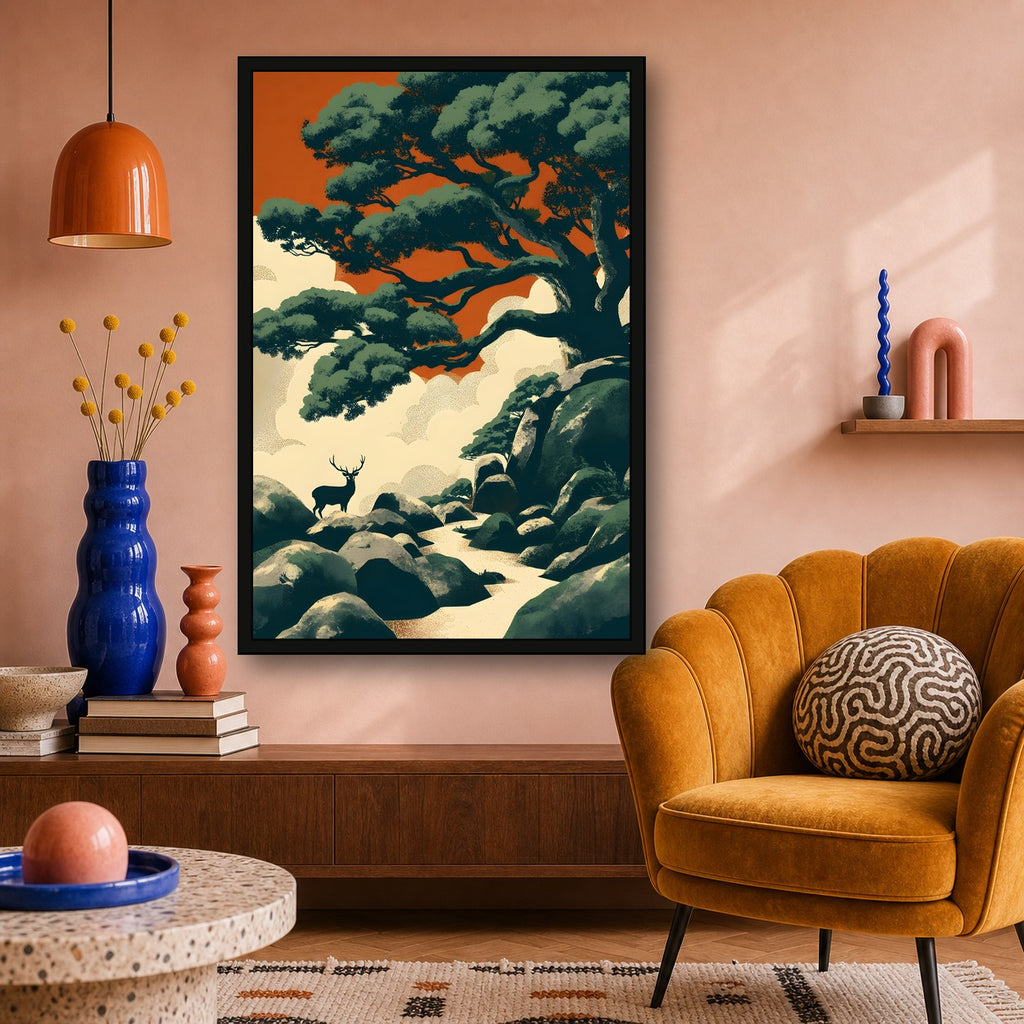 Deer Forest Japanese Nature Poster - 2x3 room mockup