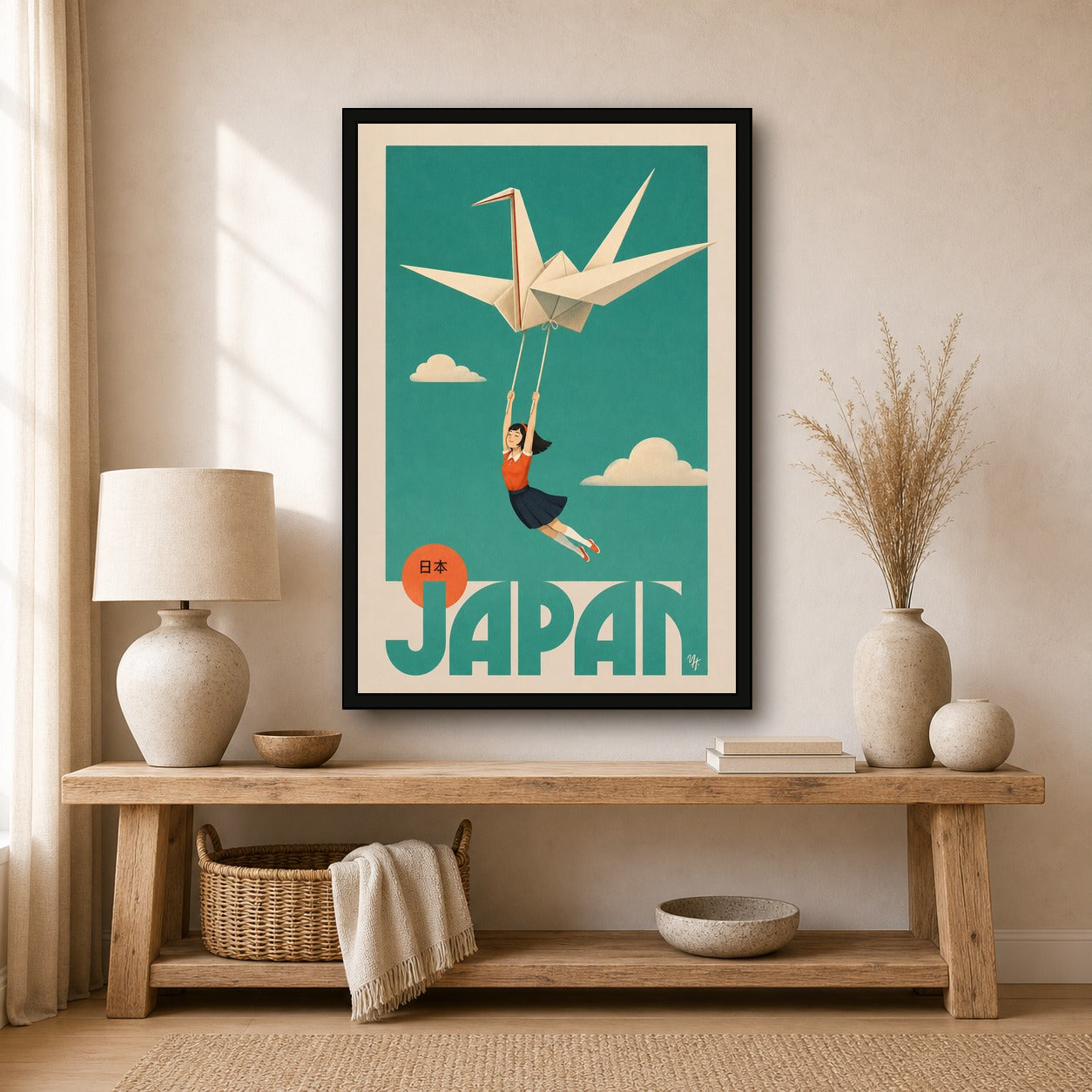 Dreamy Japan Travel Poster, Origami Crane & Girl Wall Art, Teal & Orange Minimalist Print in Six Sizes - 2x3 room mockup