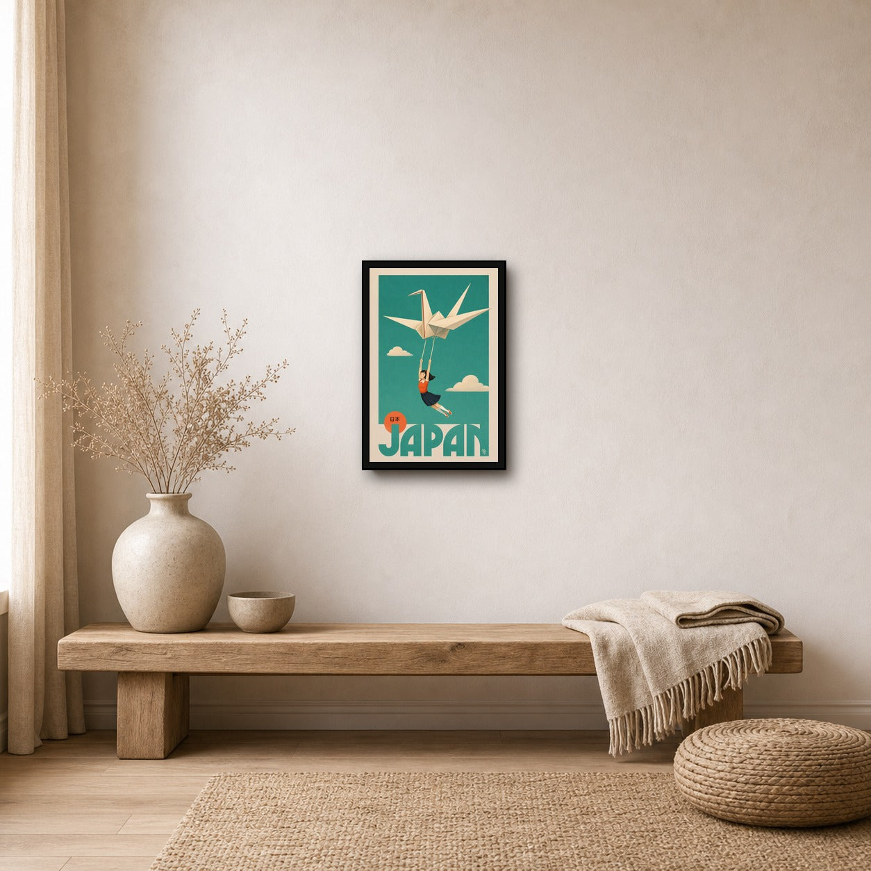 Dreamy Japan Travel Poster, Origami Crane & Girl Wall Art, Teal & Orange Minimalist Print in Six Sizes - 2x3 room mockup