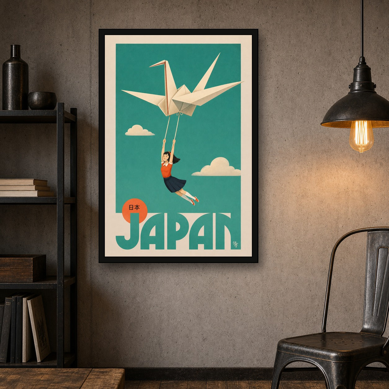 Dreamy Japan Travel Poster, Origami Crane & Girl Wall Art, Teal & Orange Minimalist Print in Six Sizes - 2x3 room mockup