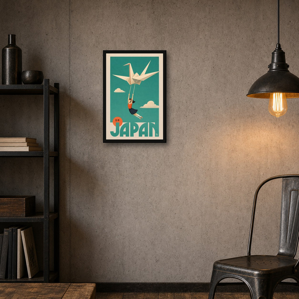 Dreamy Japan Travel Poster, Origami Crane & Girl Wall Art, Teal & Orange Minimalist Print in Six Sizes - 2x3 room mockup