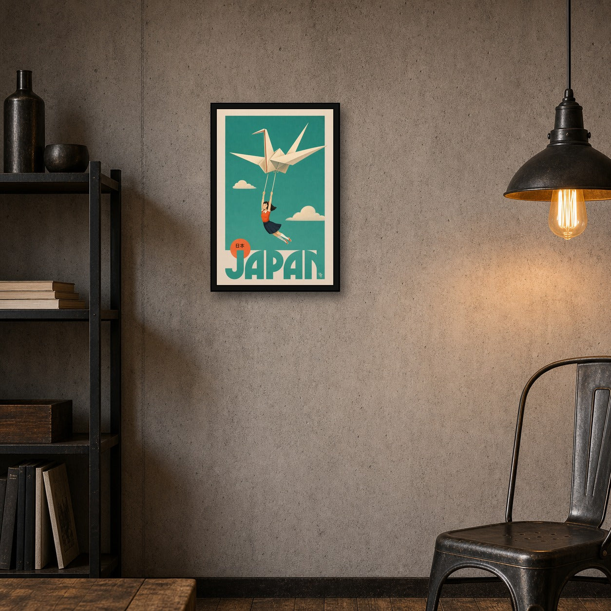 Dreamy Japan Travel Poster, Origami Crane & Girl Wall Art, Teal & Orange Minimalist Print in Six Sizes - 2x3 room mockup