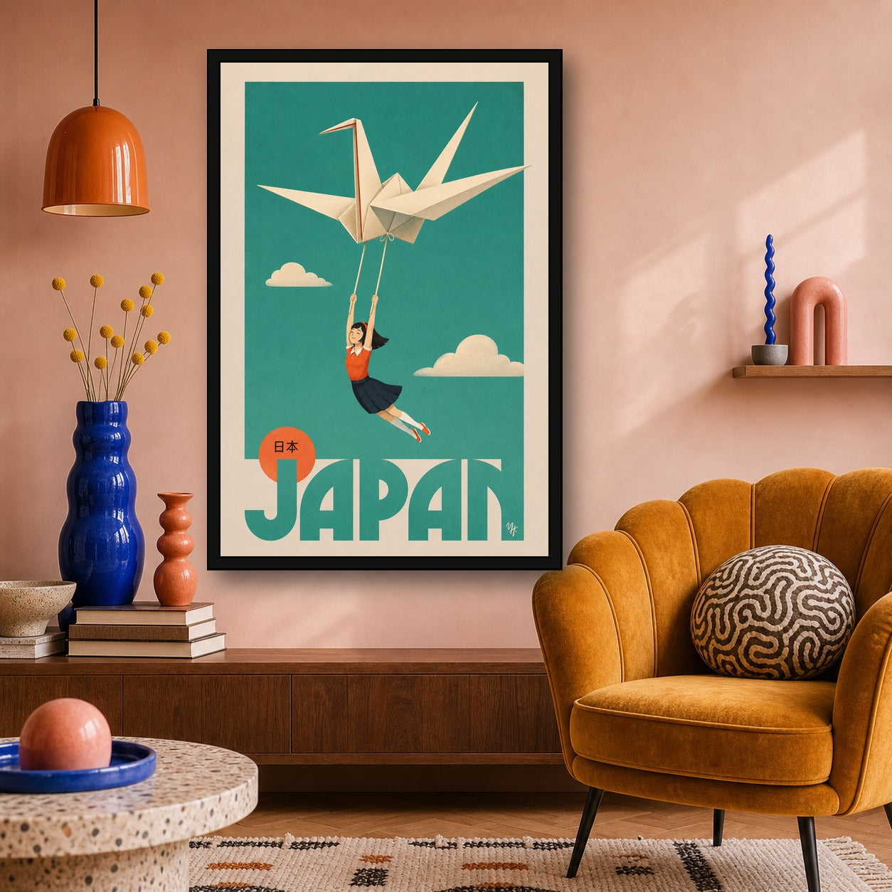Dreamy Japan Travel Poster, Origami Crane & Girl Wall Art, Teal & Orange Minimalist Print in Six Sizes - 2x3 room mockup