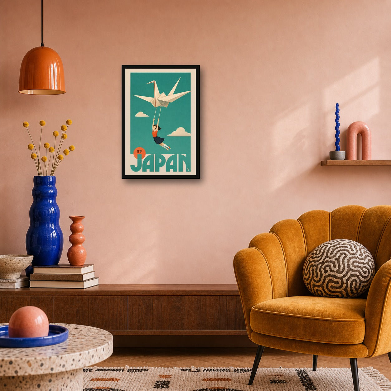 Dreamy Japan Travel Poster, Origami Crane & Girl Wall Art, Teal & Orange Minimalist Print in Six Sizes - 2x3 room mockup