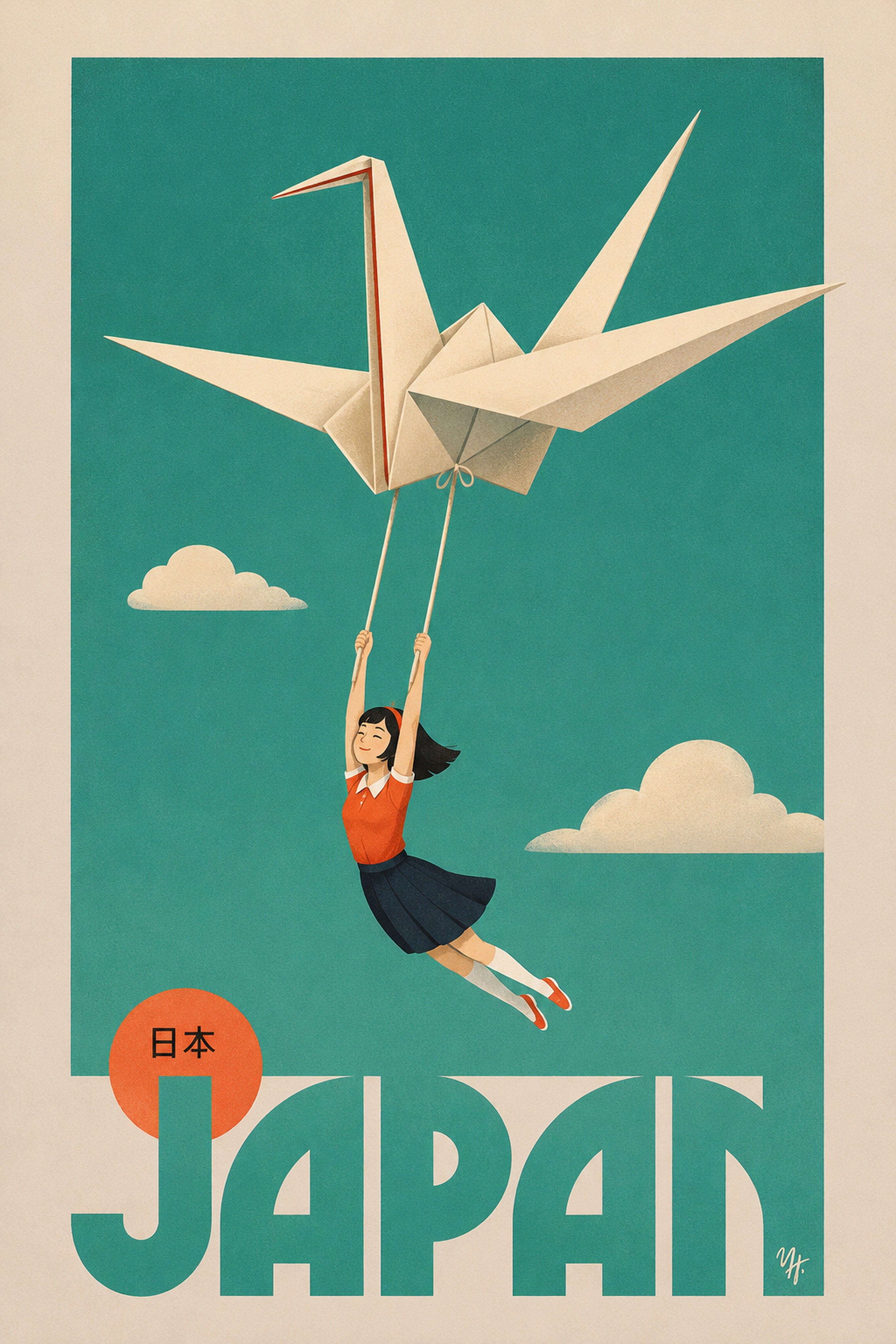 Dreamy Japan Travel Poster, Origami Crane & Girl Wall Art, Teal & Orange Minimalist Print in Six Sizes