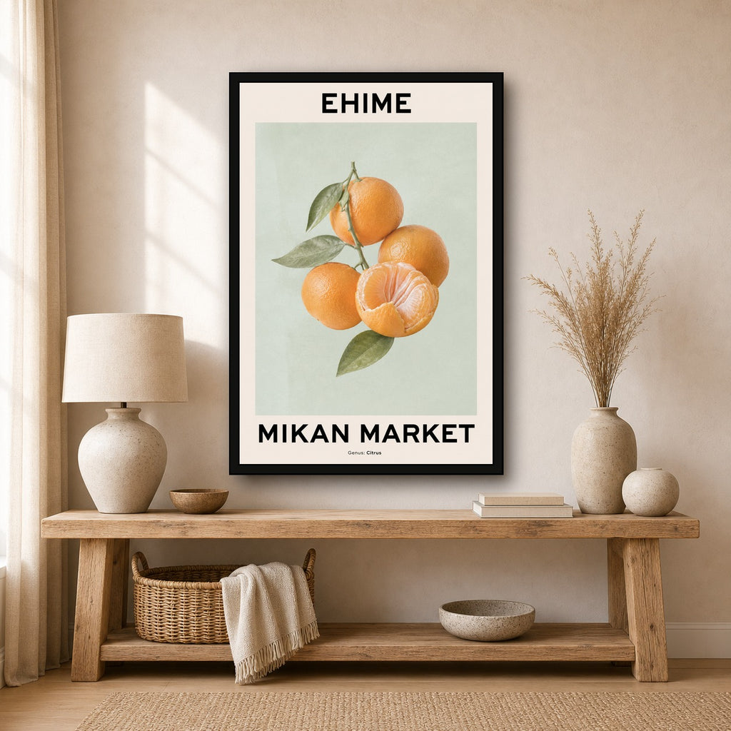 Ehime Mikan Market Poster, Japanese Citrus Fruit Wall Art, Minimalist Kitchen Decor - 2x3 room mockup